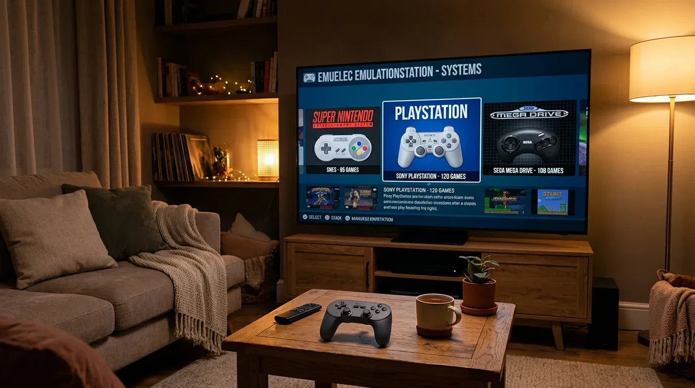 Главный экран меню EmulationStation в EmuELEC с доступными консолями и подключенным геймпадом