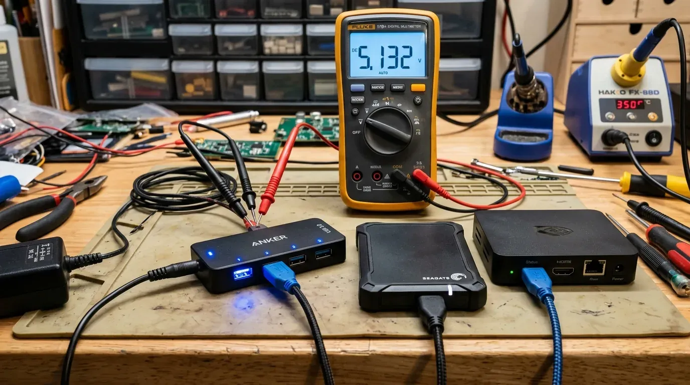 Подключение жесткого диска к приставке через активный USB-концентратор с замером 5.1V на мультиметре