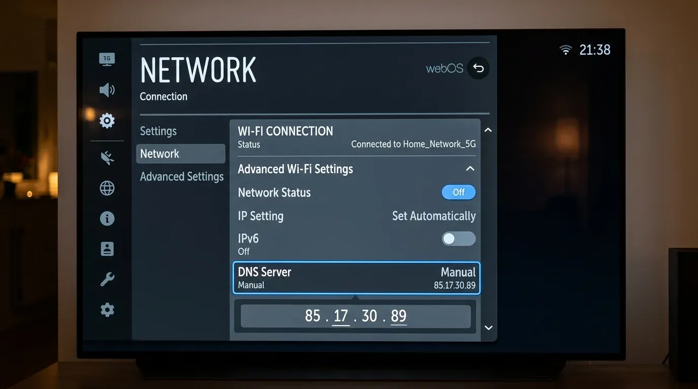 Раздел сетевых настроек LG webOS с прописанным вручную DNS-сервером 85.17.30.89