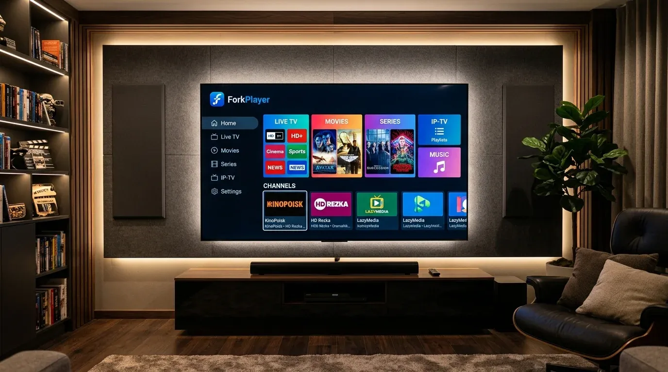 Телевизор Samsung показывает интерфейс ForkPlayer с каталогами фильмов и IPTV