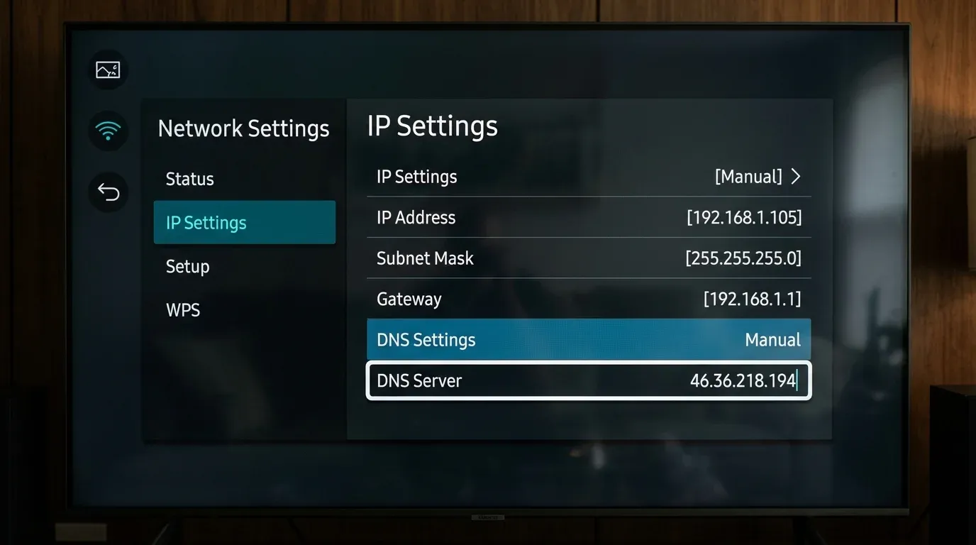 Экран настроек IP на телевизоре Samsung с полем DNS-сервера, установленным на 46.36.218.194