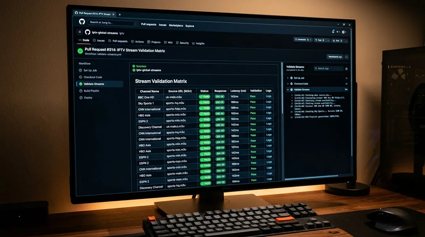 Панель GitHub Actions со статусами автоматической проверки доступности IPTV потоков