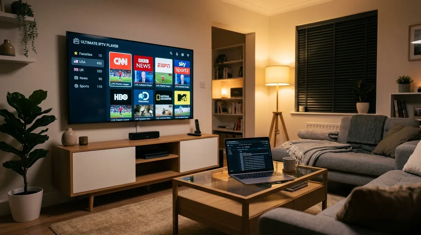 Интерфейс IPTV плеера на экране Smart TV и открытый репозиторий iptv-org на экране ноутбука