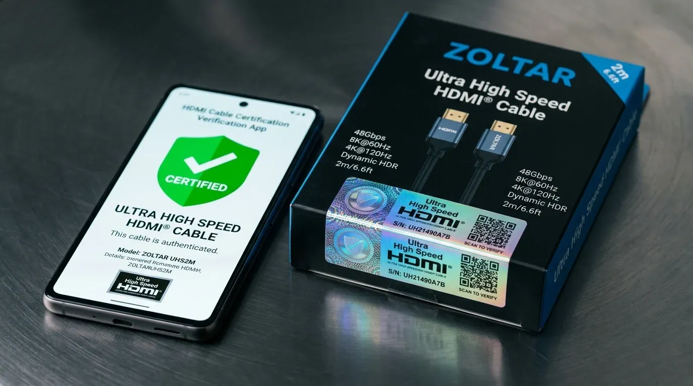 Голографическая наклейка сертификации HDMI Forum с QR-кодом и проверка через мобильное приложение