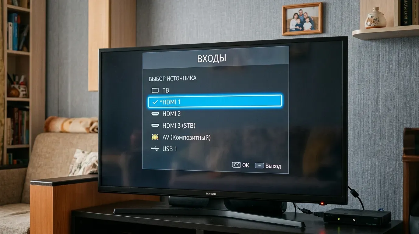 Выбор видеовхода HDMI в меню телевизора