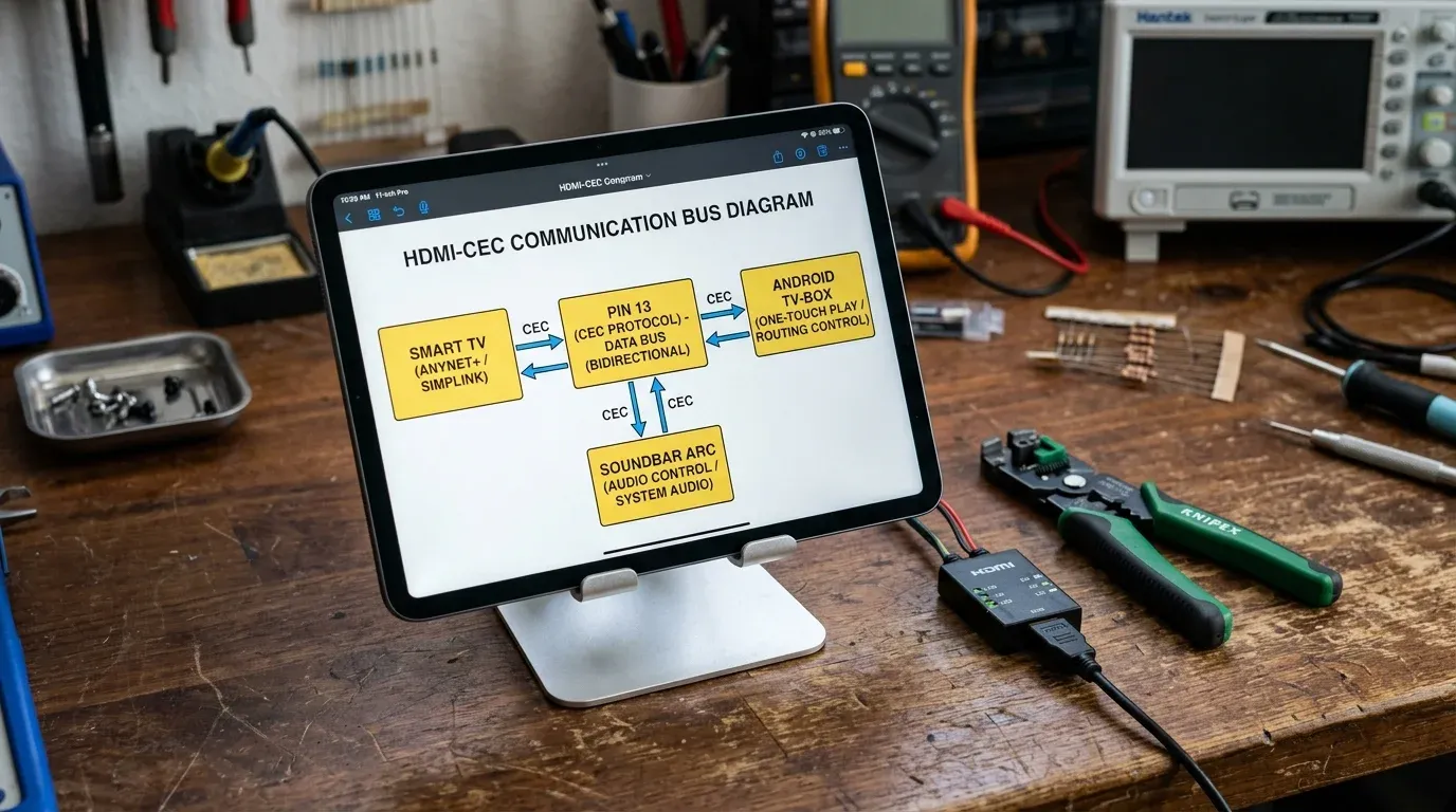 Планшет на подставке со схемой распределения сигналов шины данных HDMI-CEC Pin 13 между устройствами