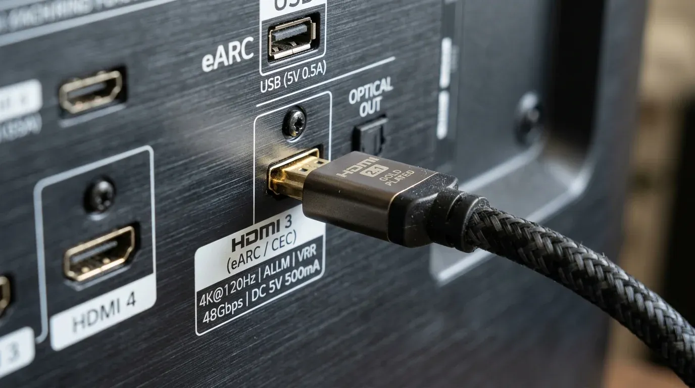 Макросъемка кабеля HDMI 2.1 в порту eARC / CEC на задней панели телевизора