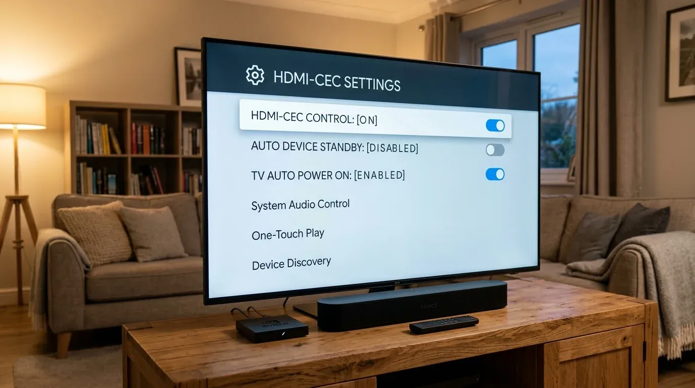 4K телевизор на тумбе с открытым меню настроек HDMI-CEC рядом с ТВ боксом и саундбаром