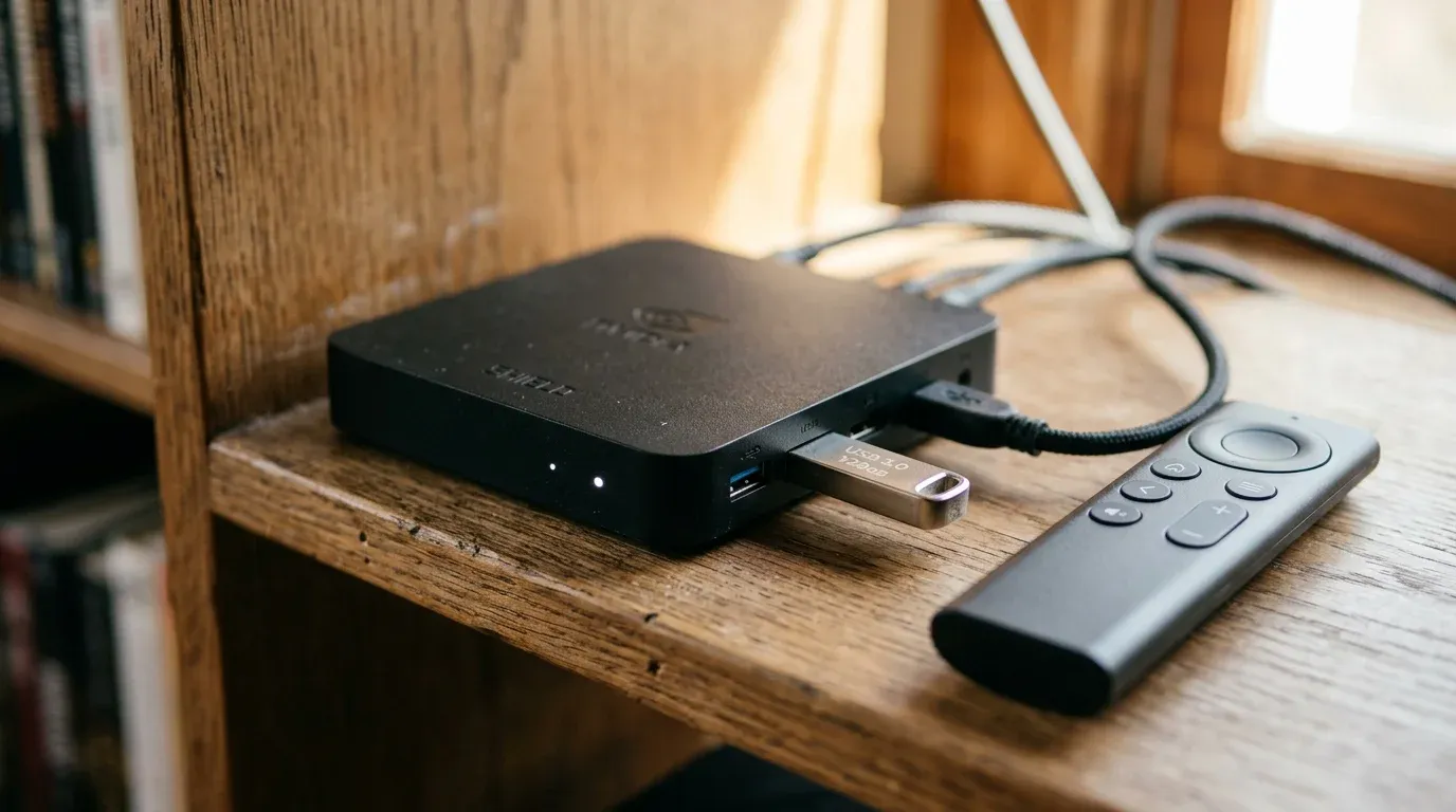 ТВ-бокс с подключенной металлической флешкой USB 3.0 и пультом управления на деревянной полке
