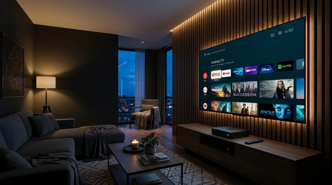 Интерфейс Smart TV и медиаплеер ТВ-приставка в интерьере гостиной