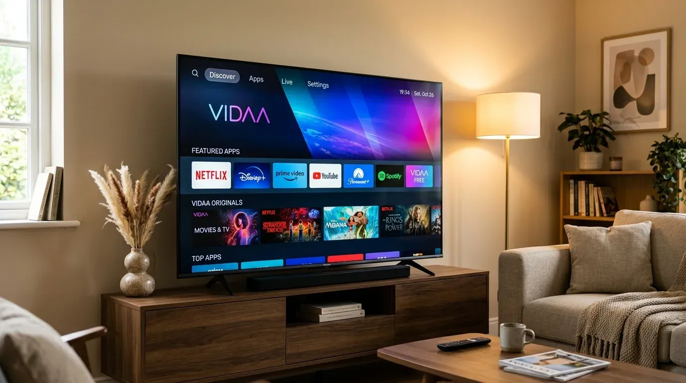 Телевизор Hisense с запущенным домашним экраном фирменной операционной системы VIDAA OS