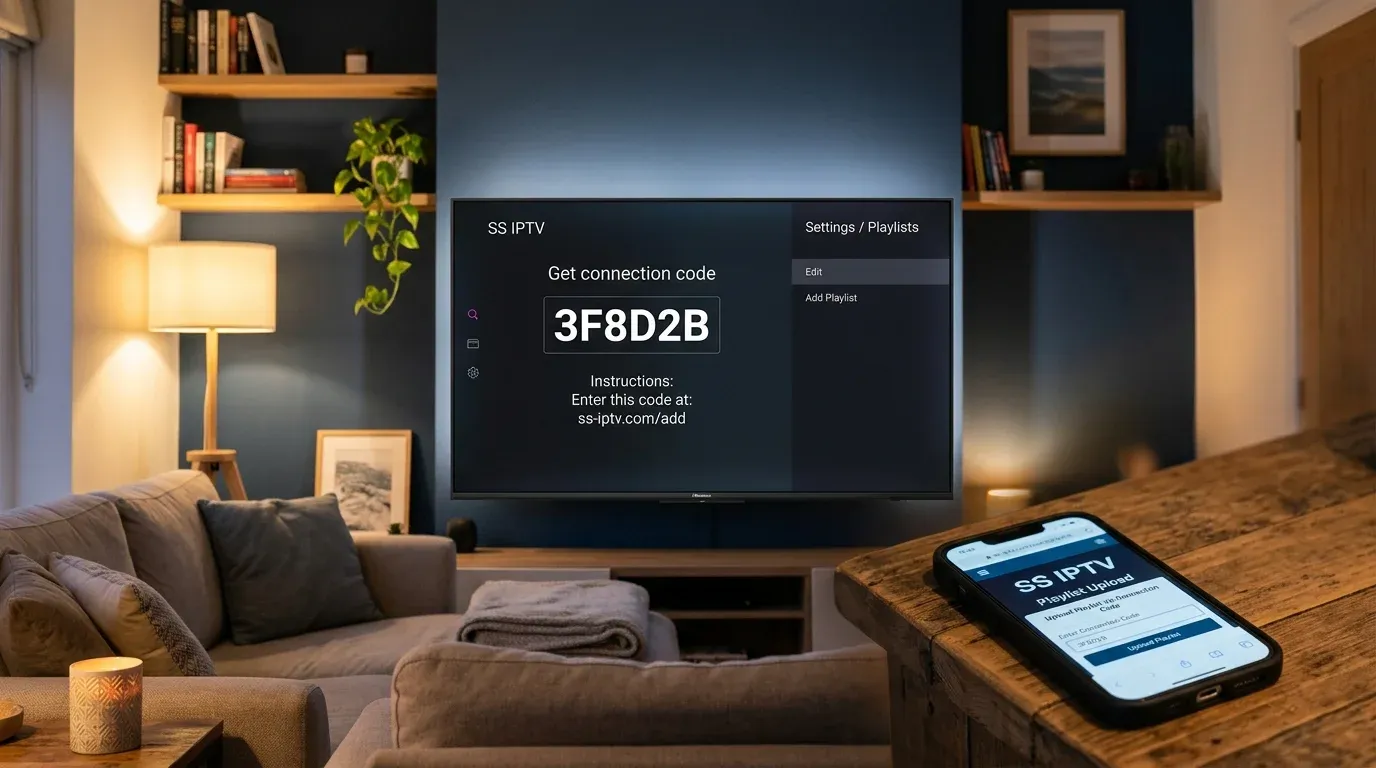 Интерфейс приложения SS IPTV на экране Hisense с кодом подключения для веб-загрузки плейлиста