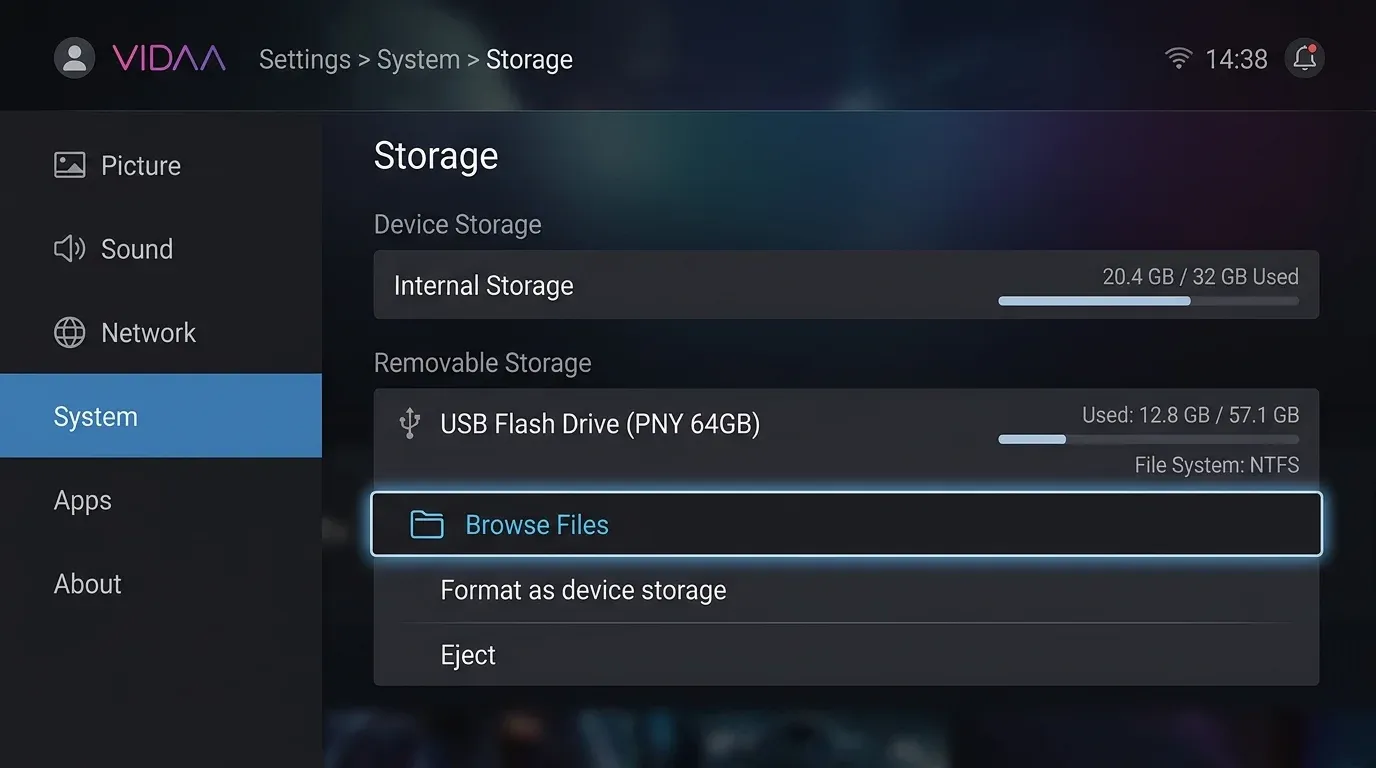 Экран настроек системы хранения VIDAA OS с подключенным USB-накопителем