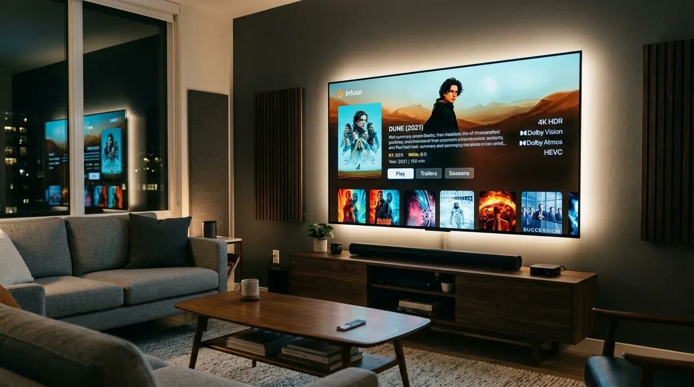 Интерфейс медиаплеера Infuse 7 на приставке Apple TV 4K в интерьере гостиной