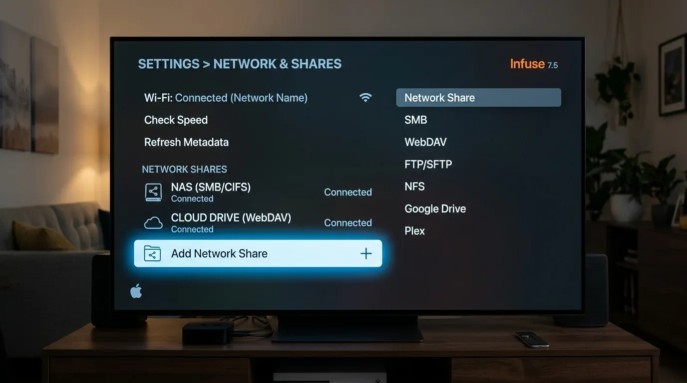 Меню добавления сетевого шара и настройки SMB в приложении Infuse на Apple TV