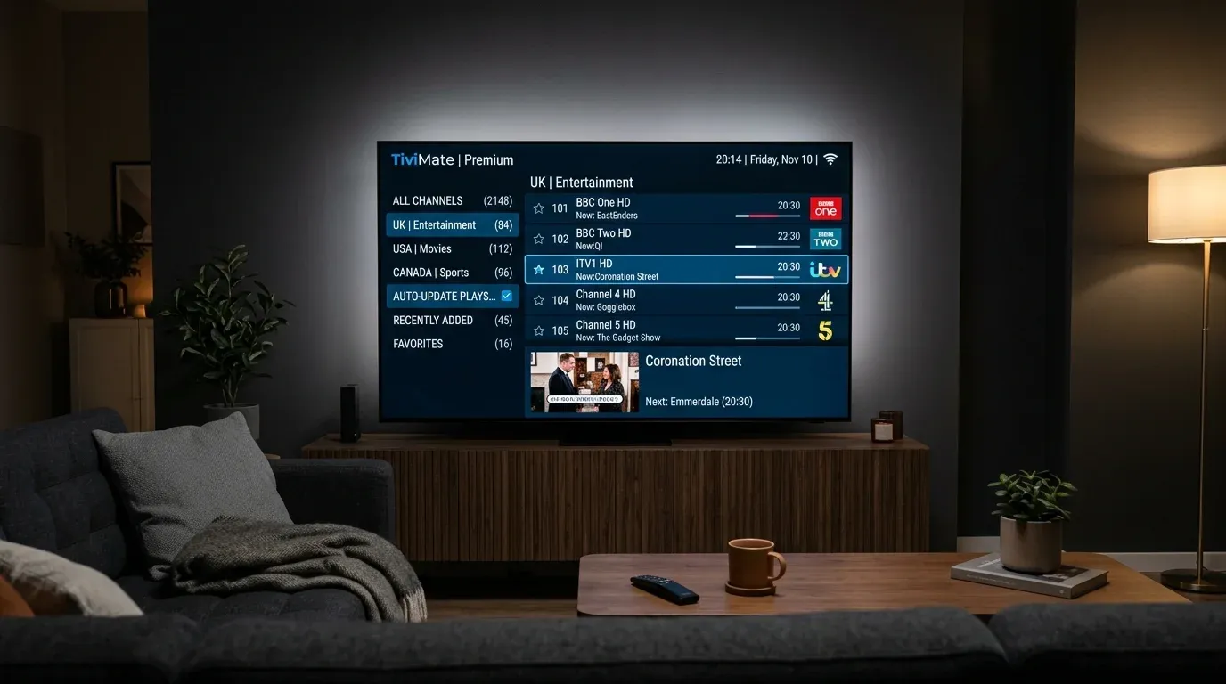 Интерфейс плеера TiviMate на экране телевизора с категориями самообновляемого IPTV плейлиста