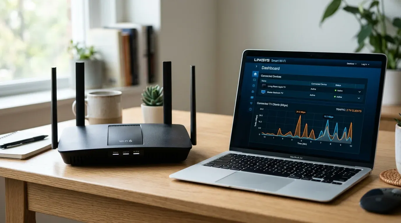 Современный Wi-Fi 6 роутер рядом с ноутбуком, на экране которого отображаются графики распределения полосы пропускания