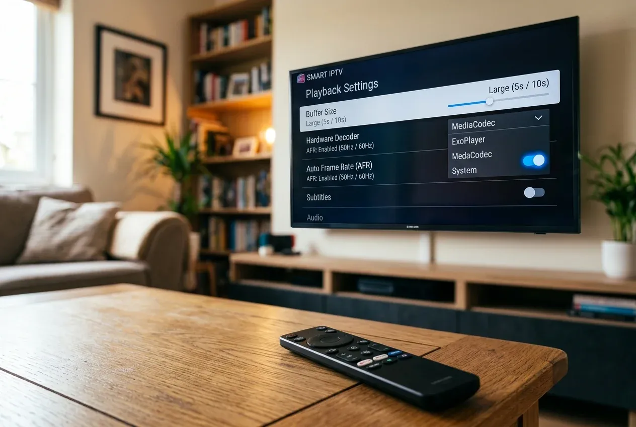 Меню расширенных настроек воспроизведения IPTV плеера на Smart TV: размер буфера, аппаратный декодер и автофреймрейт AFR