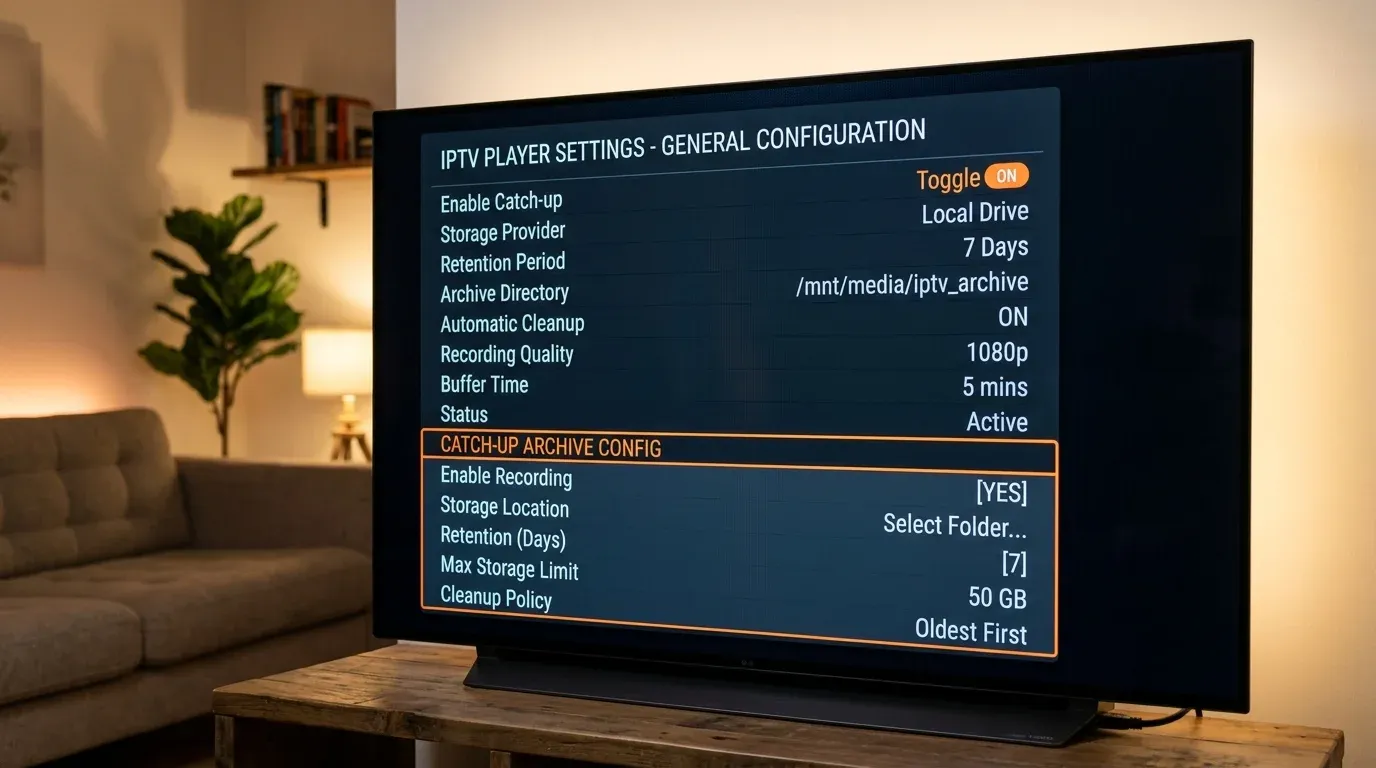 Экран телевизора с открытым окном настроек архива передач Catch-up в IPTV плеере