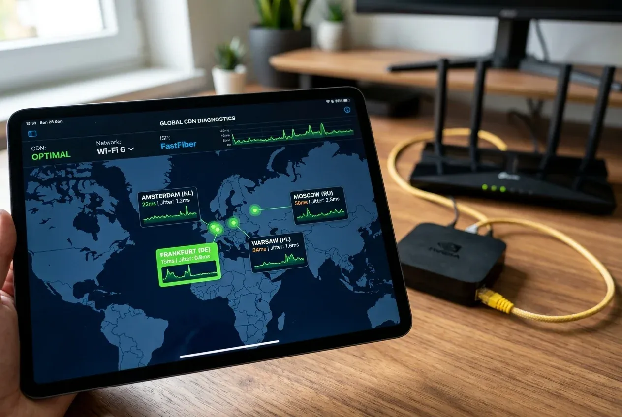 Планшет с отображением глобальной карты CDN серверов IPTV провайдера с минимальным пингом и сетевым джиттером