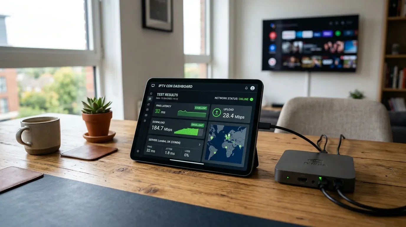 Планшет с открытым дашбордом замера скорости и пинга CDN-серверов IPTV рядом с ТВ-боксом
