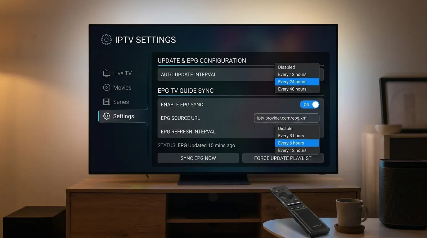 Меню параметров обновления плейлиста и привязки телепрограммы EPG в настройках IPTV плеера
