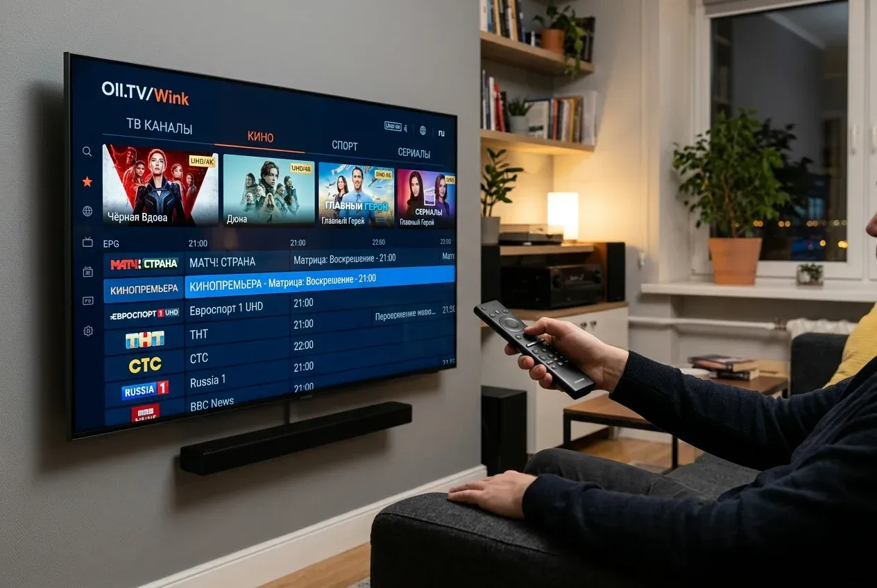 Пользователь переключает каналы и категории IPTV в интерфейсе плеера на телевизоре с помощью пульта