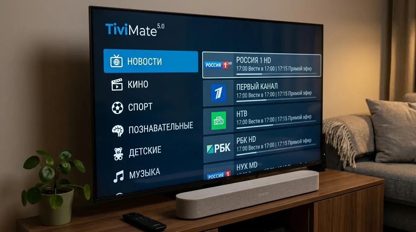 Экран телевизора с интерфейсом плеера TiviMate, показывающим категории каналов