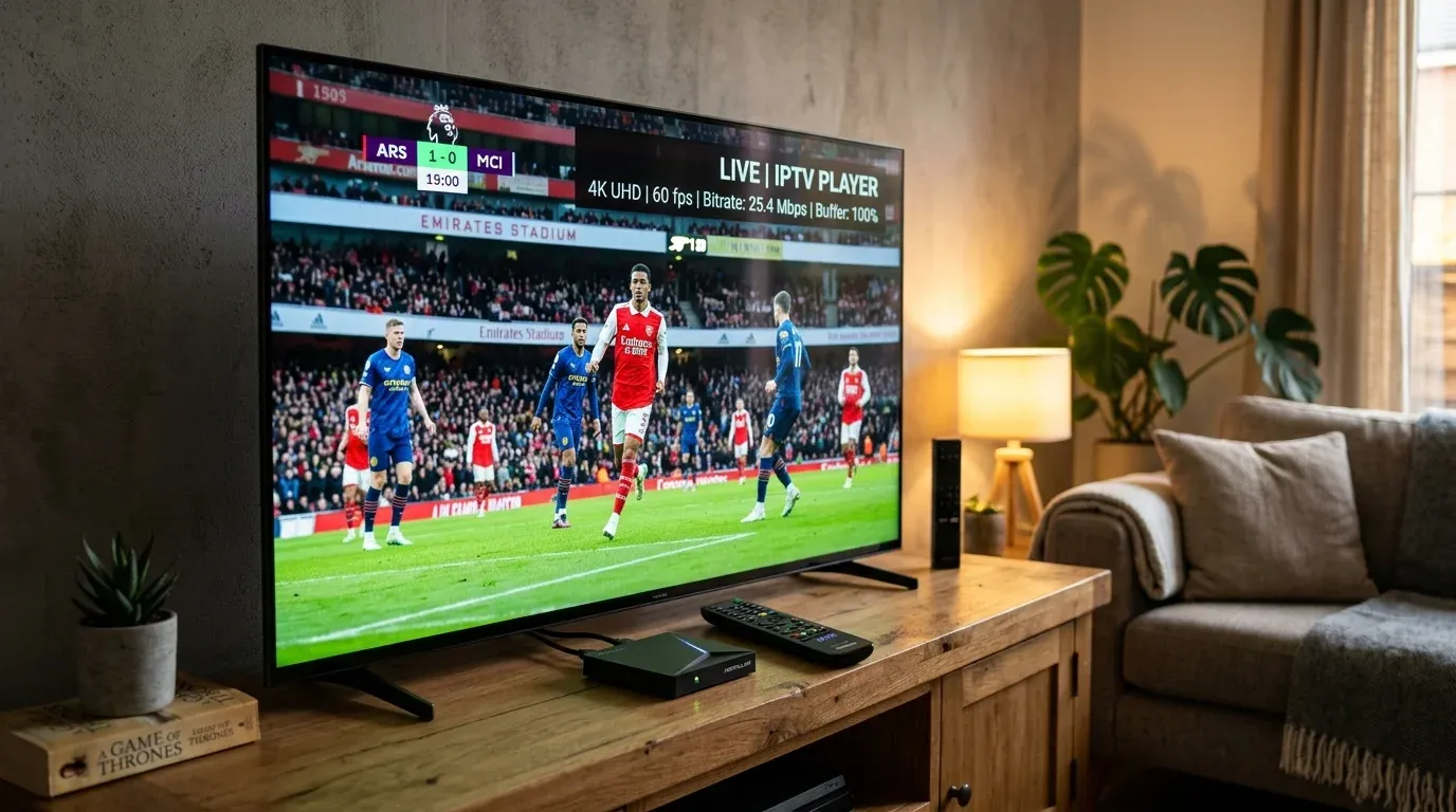 4K Smart TV на тумбе в гостиной с трансляцией футбольного матча в IPTV плеере и плашкой битрейта