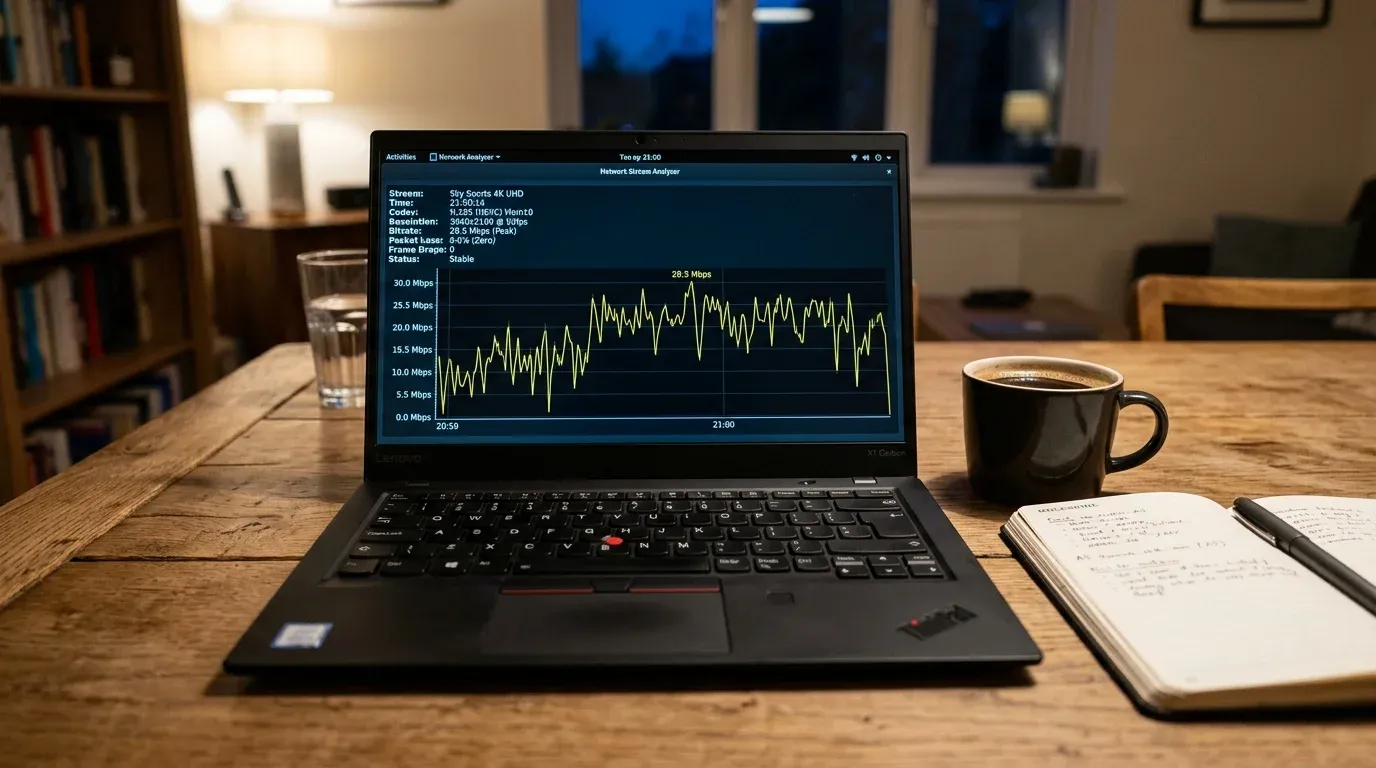 Ноутбук ThinkPad с открытым анализатором битрейта потока 4K IPTV канала в вечерний пик