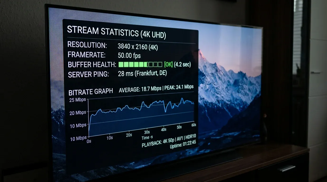 Экран 4K телевизора со статистикой воспроизведения видеопотока: 50 кадров в секунду, битрейт 24 Мбит/с и нулевые потери