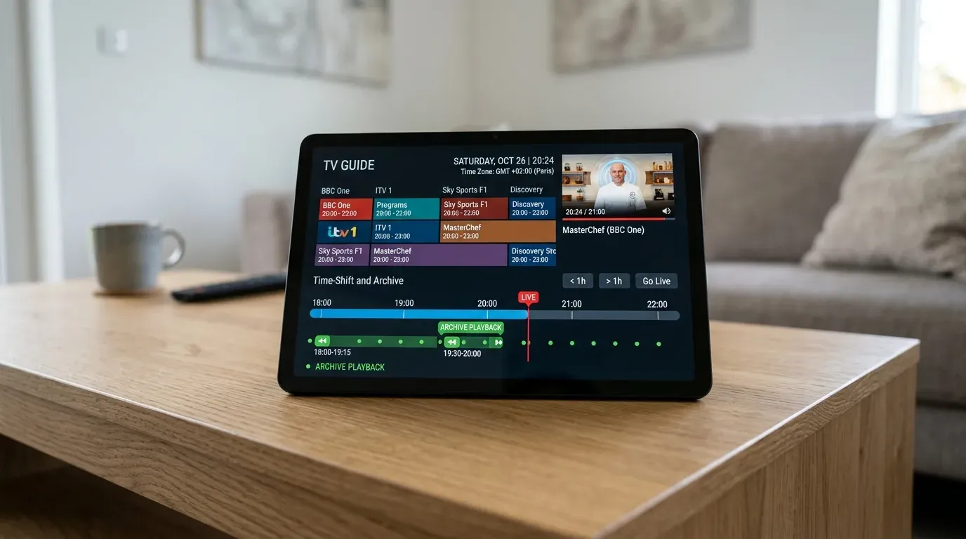 Планшет с телепрограммой передач EPG, таймшифтом по часовым поясам и индикаторами 6-дневного архива записей