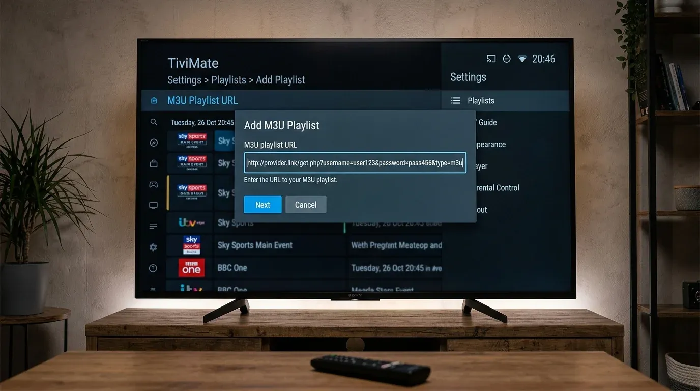 Экран настроек плеера TiviMate на Android TV с вводом статической M3U URL ссылки