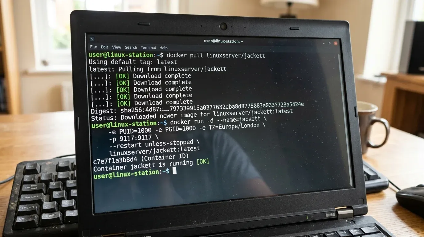 Ноутбук с открытым терминалом Linux и выполненной командой запуска контейнера Jackett в Docker