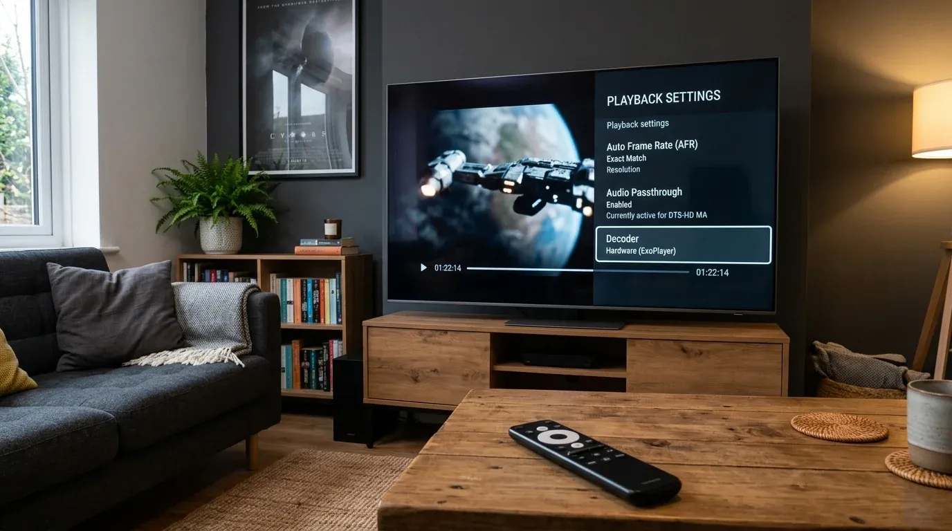 Меню настроек воспроизведения Just Player с переключением автофреймрейта AFR и сквозного звука