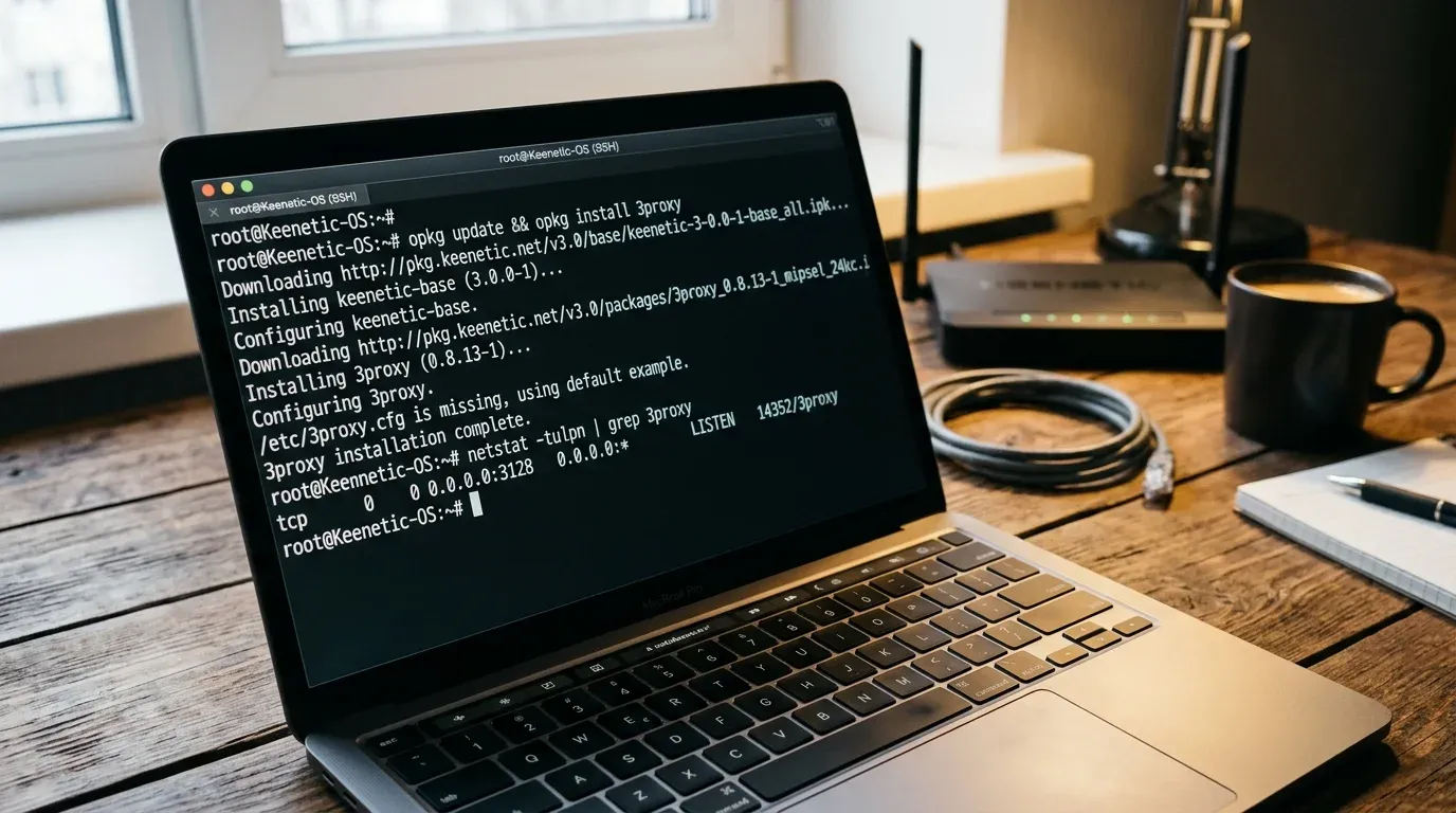 Терминальное окно SSH на ноутбуке с процессом установки пакета 3proxy через менеджер opkg