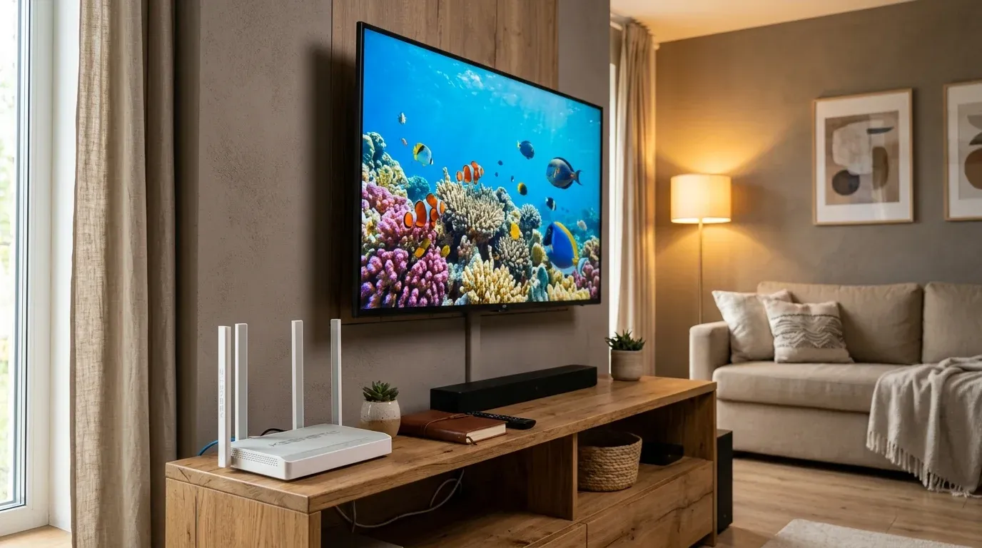 Интернет-центр Keenetic на медиатумбе рядом с работающим телевизором Smart TV
