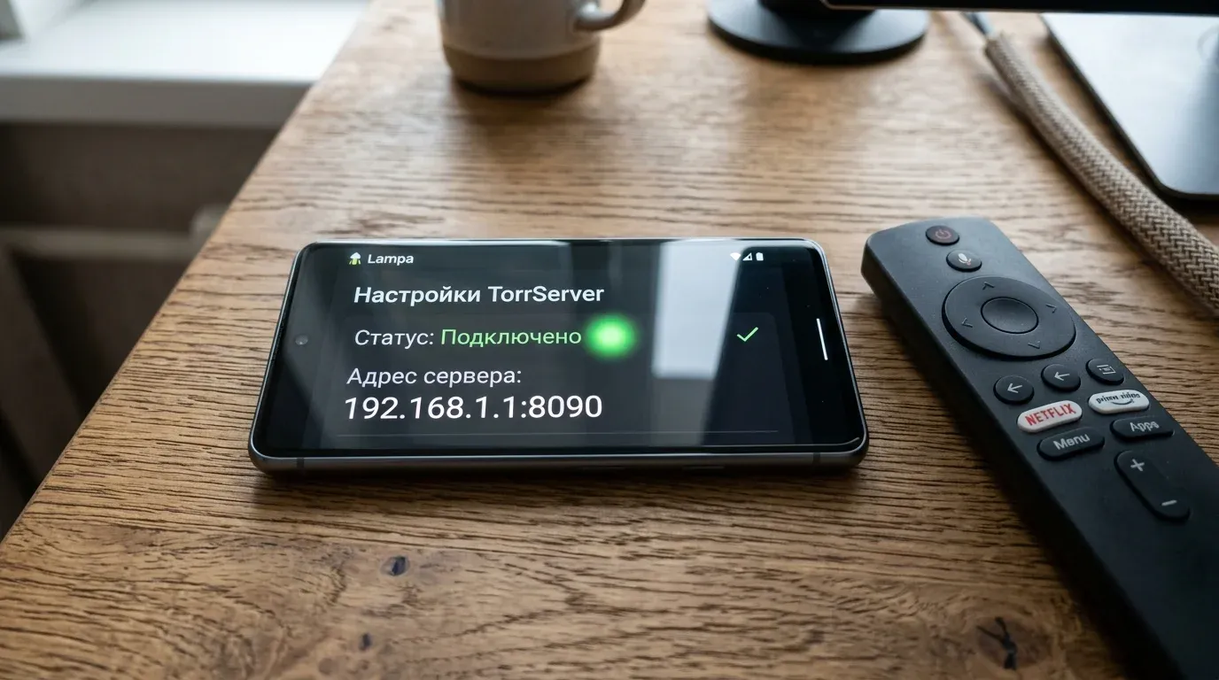 Смартфон с открытым экраном настроек TorrServer в приложении Lampa со статусом Подключено