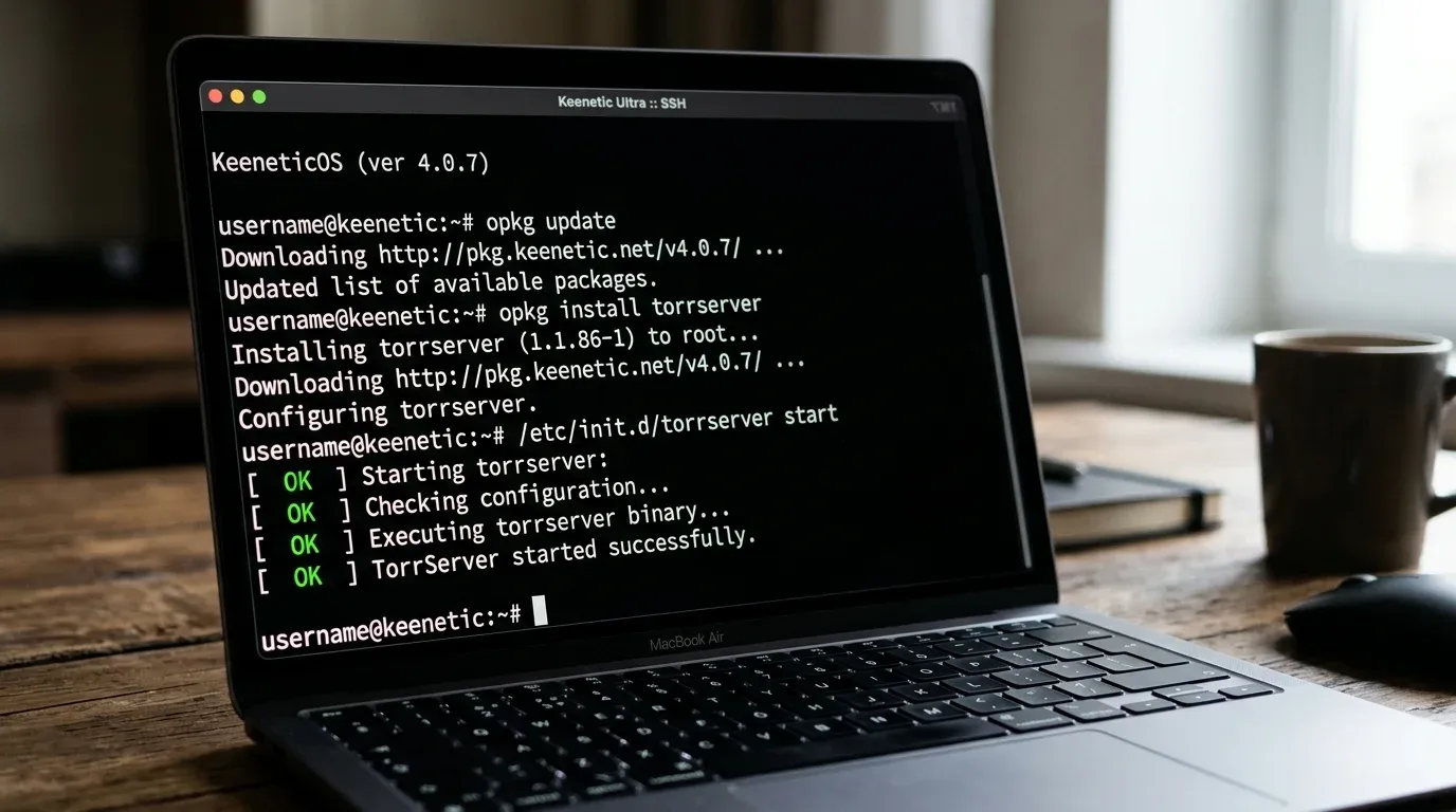 Окно SSH терминала на ноутбуке с командами установки пакета torrserver в среде Entware