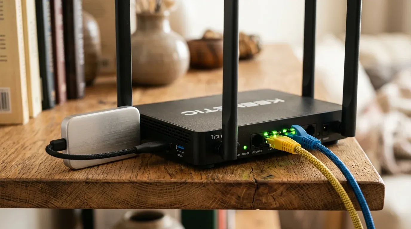 Роутер Keenetic с подключенным внешним накопителем SSD и сетевыми кабелями на полке