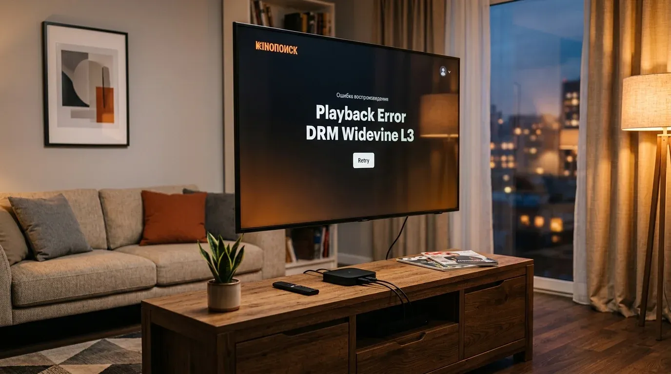 Ошибка воспроизведения видео DRM Widevine L3 на экране телевизора при запуске приложения Кинопоиск на китайской ТВ приставке