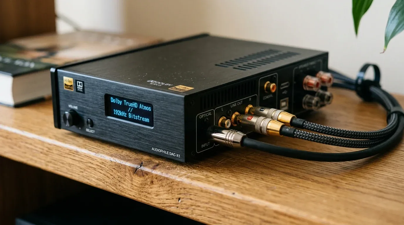 Компактный аудио ЦАП ресивер на полке с экраном Dolby TrueHD Atmos и подключенными кабелями