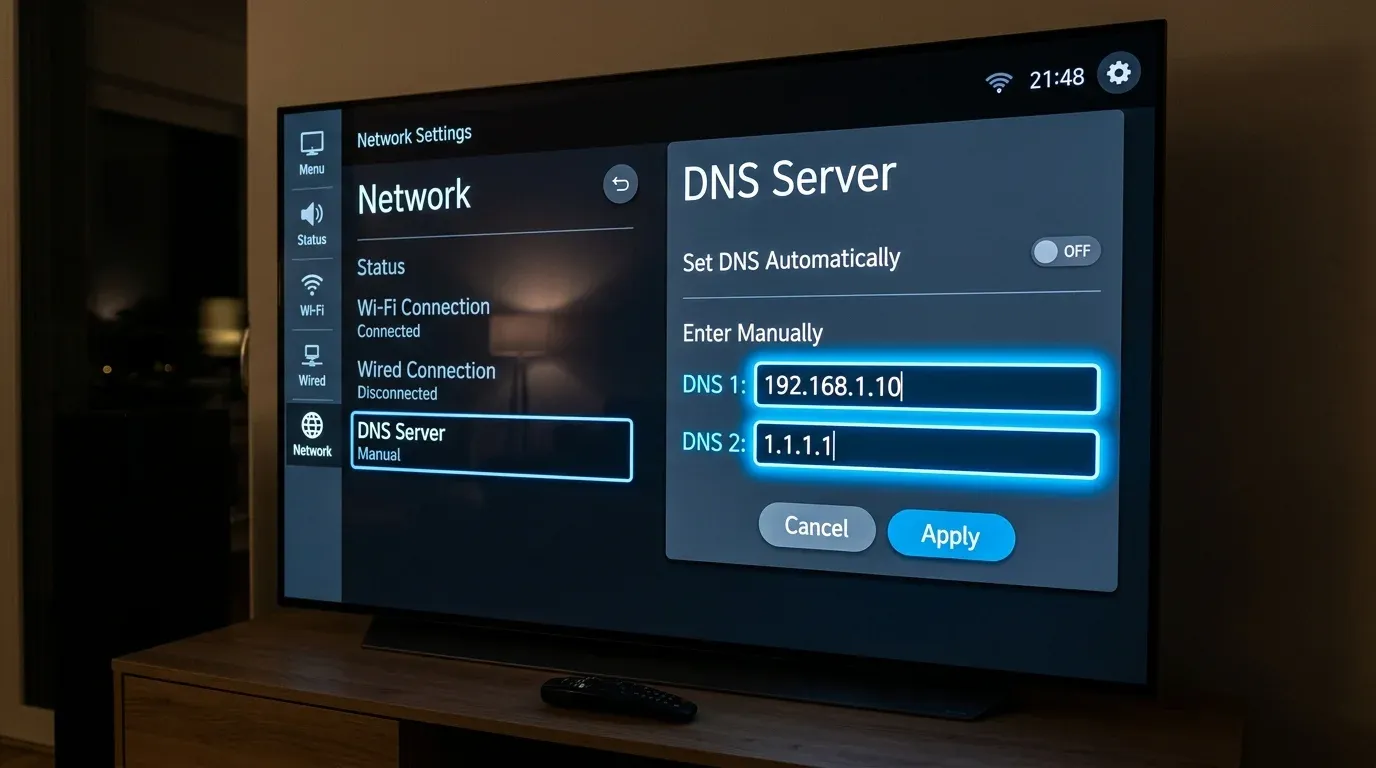 Экран тонкой настройки DNS в сетевом меню телевизора LG webOS с ручным вводом IP