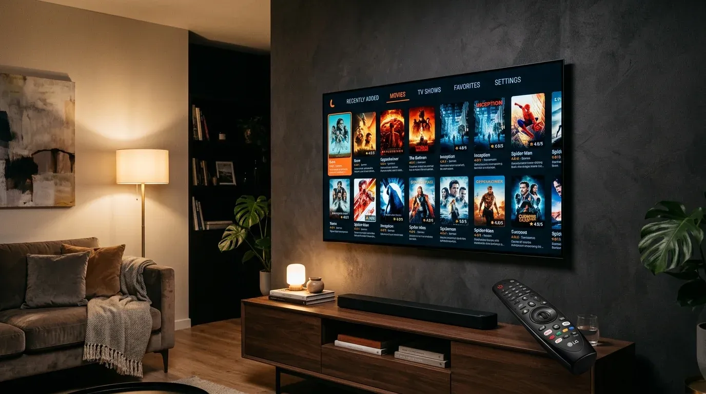 Интерфейс онлайн-кинотеатра Lampa на экране телевизора LG OLED в интерьере гостиной