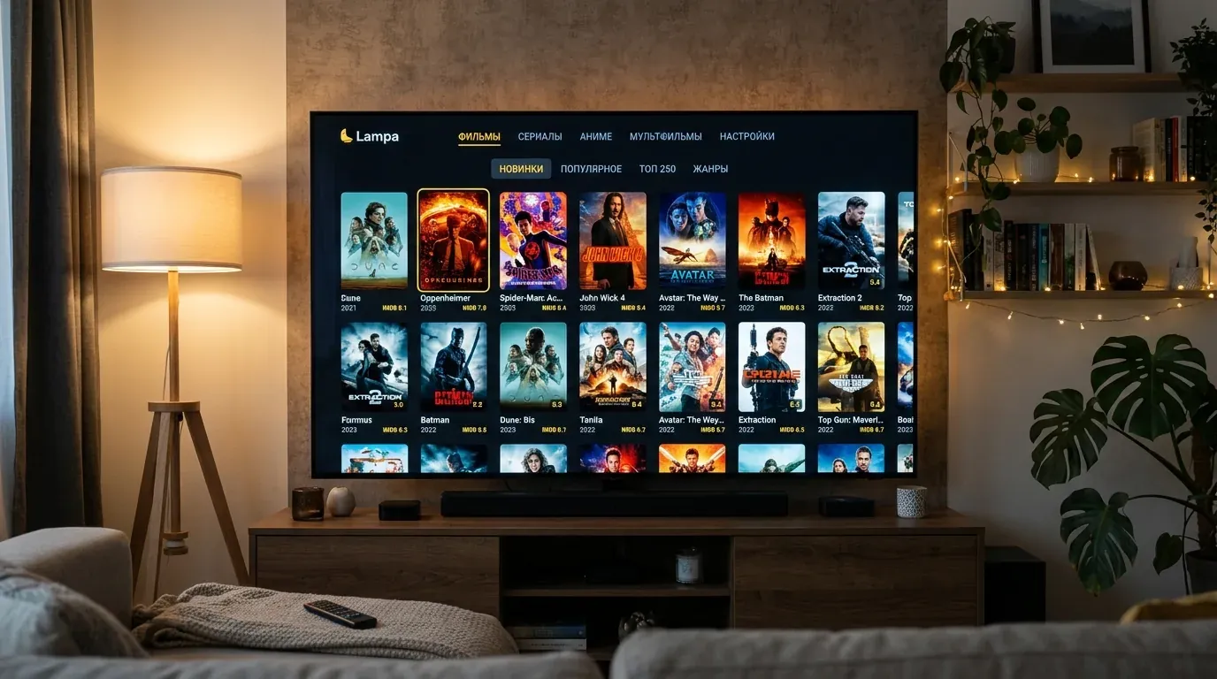 Главный экран медиаплеера Lampa с каталогом фильмов и сериалов после запуска через MSX