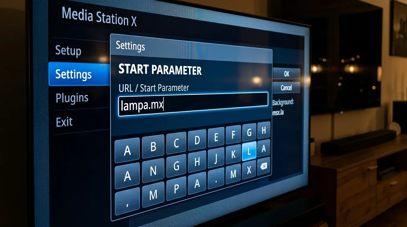 Ввод стартового адреса lampa.mx в диалоговом окне параметров Media Station X на Smart TV