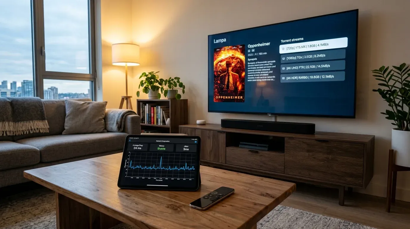 Экран 4K телевизора с приложением Lampa и карточкой фильма рядом с планшетом сетевой диагностики