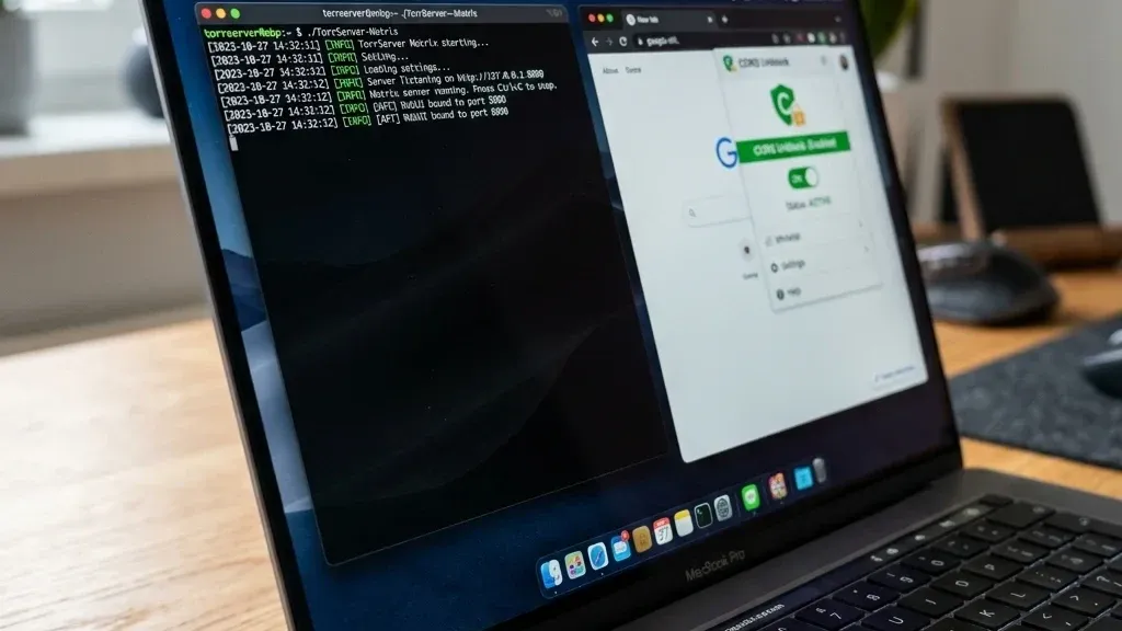 Окно консоли TorrServer рядом с браузером и активным расширением CORS Unblock на экране ноутбука