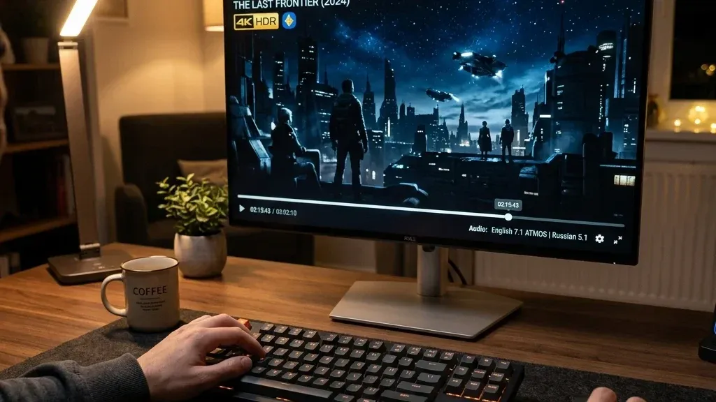 Воспроизведение 4K HDR фильма в Lampa на мониторе с отображением таймкода и клавиатурного управления