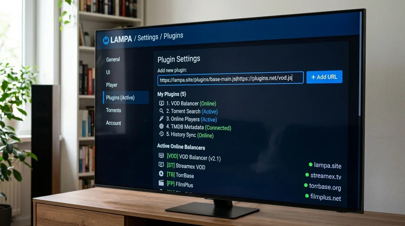Экран 4K телевизора с открытым меню настроек Плагины в Lampa и строкой ввода URL адреса